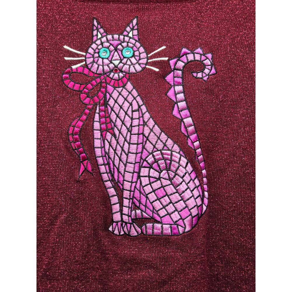 Bob Mackie Wearable Art XL Burgundy Metallic Cat Embroidered Sweater Tunic Top - Picture 4 of 7